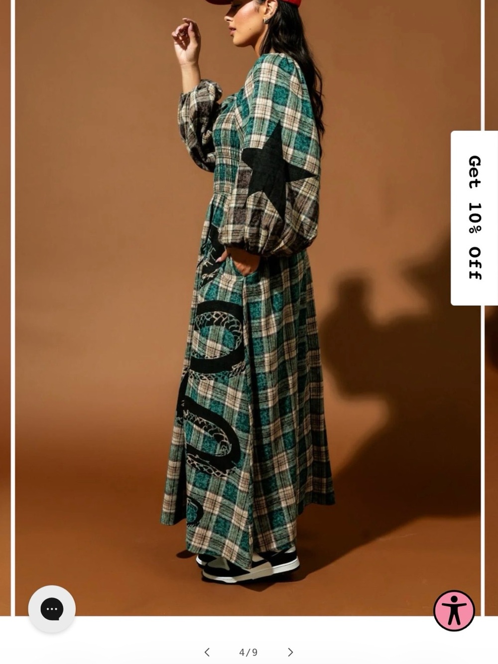 DIL NWT Sweet Revenge Smocked Plaid Snake Dress - green and tan - Picture 2 of 8